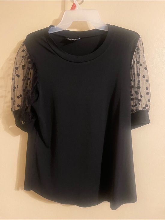 alison andrews Tops - Sheer Polka Dot Puff Sleeve Black Tee